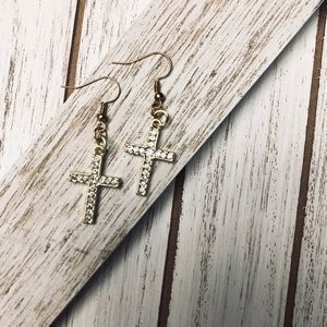 Gold Rhinestone Cross Earrings